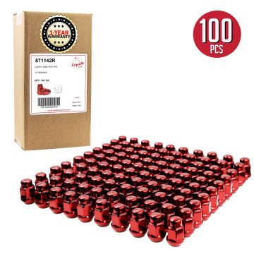 100 Pcs 1/2"-20 Thread Bulge Acorn 35mm 1.38" Long Lug Nuts Red 3/4" 19mm Hex Fits 1964-14 Ford Mustang | 1959-86 Jeep CJ | 1987-18 Jeep Wrangler | 1993-10 Grand Cherokee